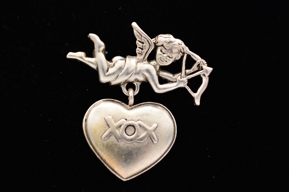Danecraft Vintage Cupid Cherub Pin Brooch Silver XOX Love Valentine Heart BinA15